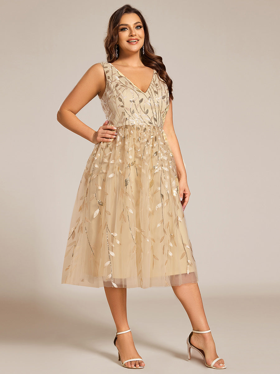 Color=Gold | Plus Size V-Neck Sequin Midi Wedding Guest Dress With Sleeveless-Gold 3