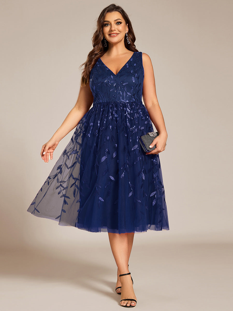 Color=Navy Blue | Plus Size V-Neck Sequin Midi Wedding Guest Dress With Sleeveless-Navy Blue 11