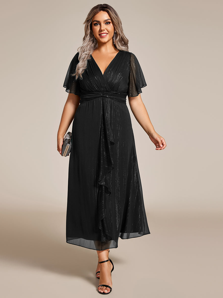 Color=Black | Plus Shimmer V Neck Tea Length Wedding Guest Dress With Short Sleeves-Black