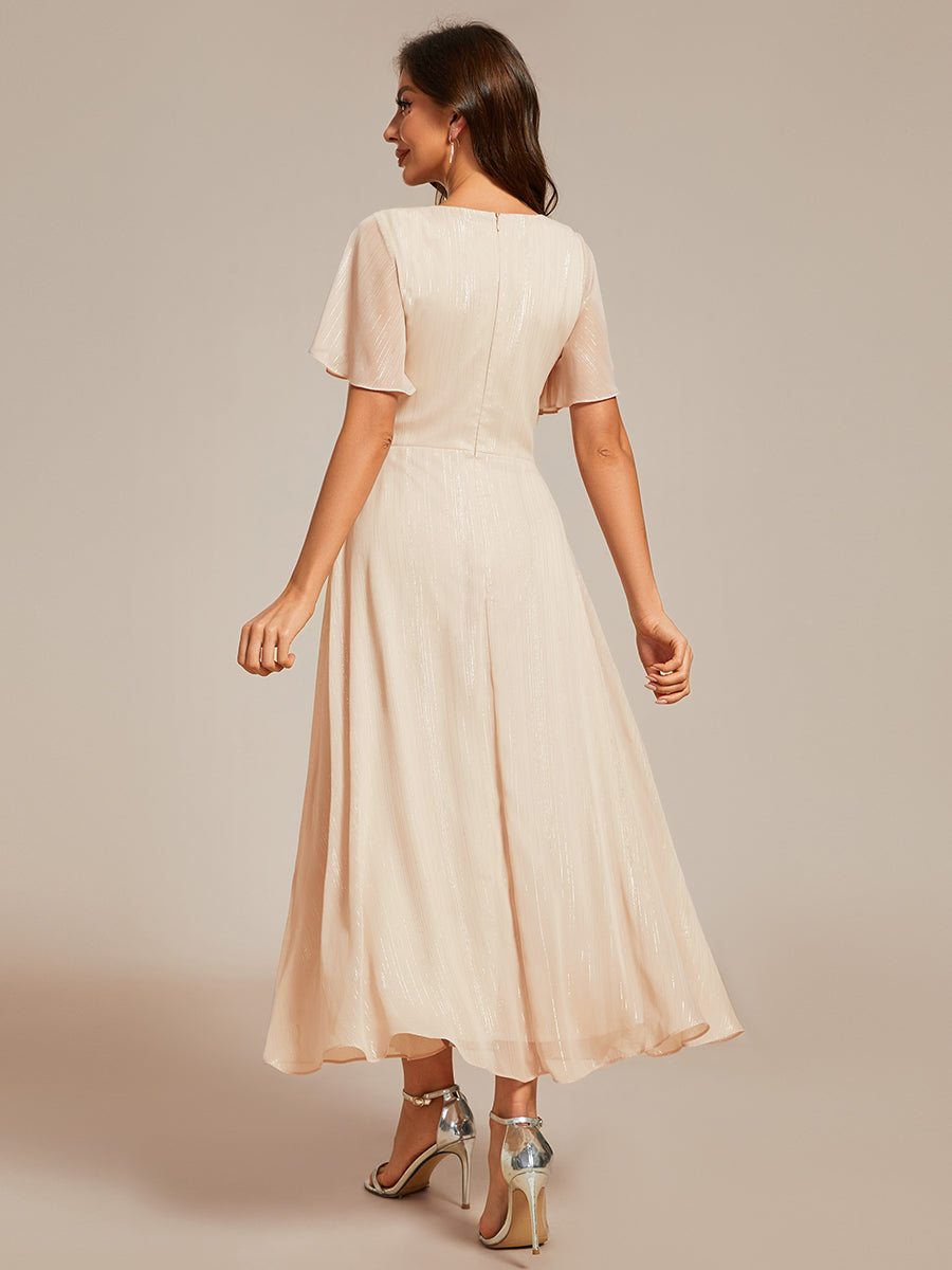 Color=Charcoal | Shimmer V Neck Tea Length Wedding Guest Dress With Short Sleeves-Charcoal 1