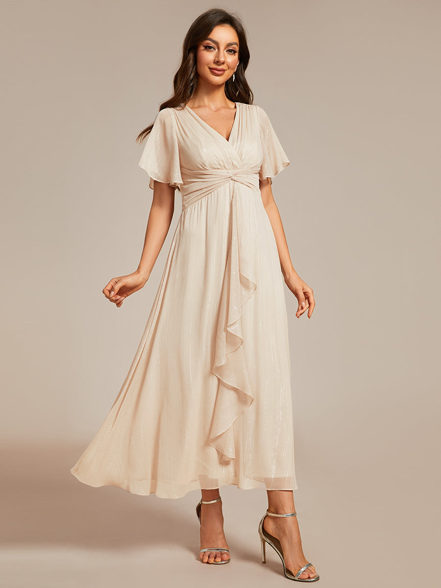Color=Charcoal | Shimmer V Neck Tea Length Wedding Guest Dress With Short Sleeves-Charcoal 1