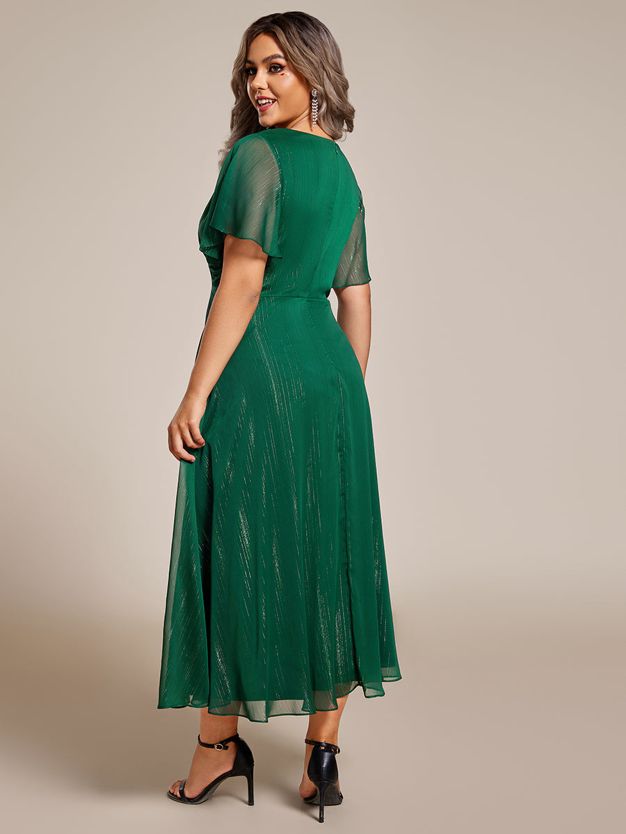 Color=Dark Green | Plus Shimmer V Neck Tea Length Wedding Guest Dress With Short Sleeves-Dark Green