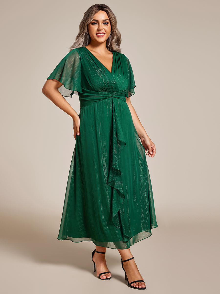 Color=Dark Green | Plus Shimmer V Neck Tea Length Wedding Guest Dress With Short Sleeves-Dark Green