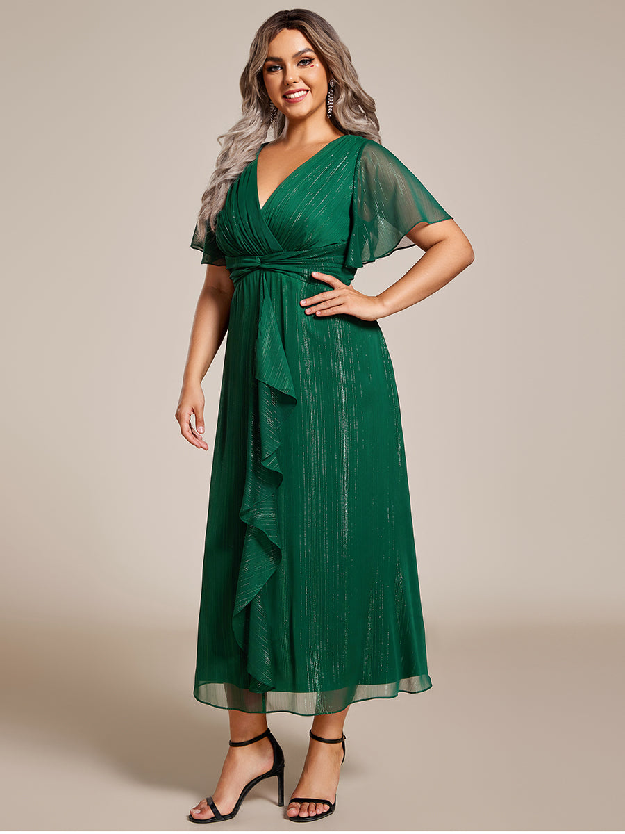 Color=Dark Green | Plus Shimmer V Neck Tea Length Wedding Guest Dress With Short Sleeves-Dark Green