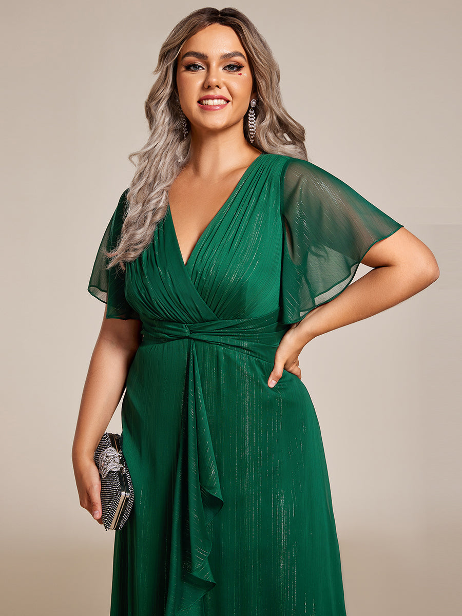 Color=Dark Green | Plus Shimmer V Neck Tea Length Wedding Guest Dress With Short Sleeves-Dark Green