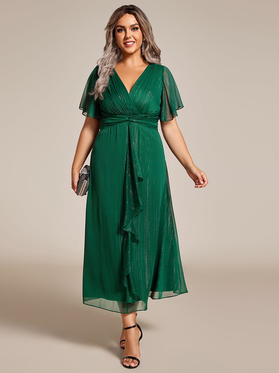Color=Dark Green | Plus Shimmer V Neck Tea Length Wedding Guest Dress With Short Sleeves-Dark Green