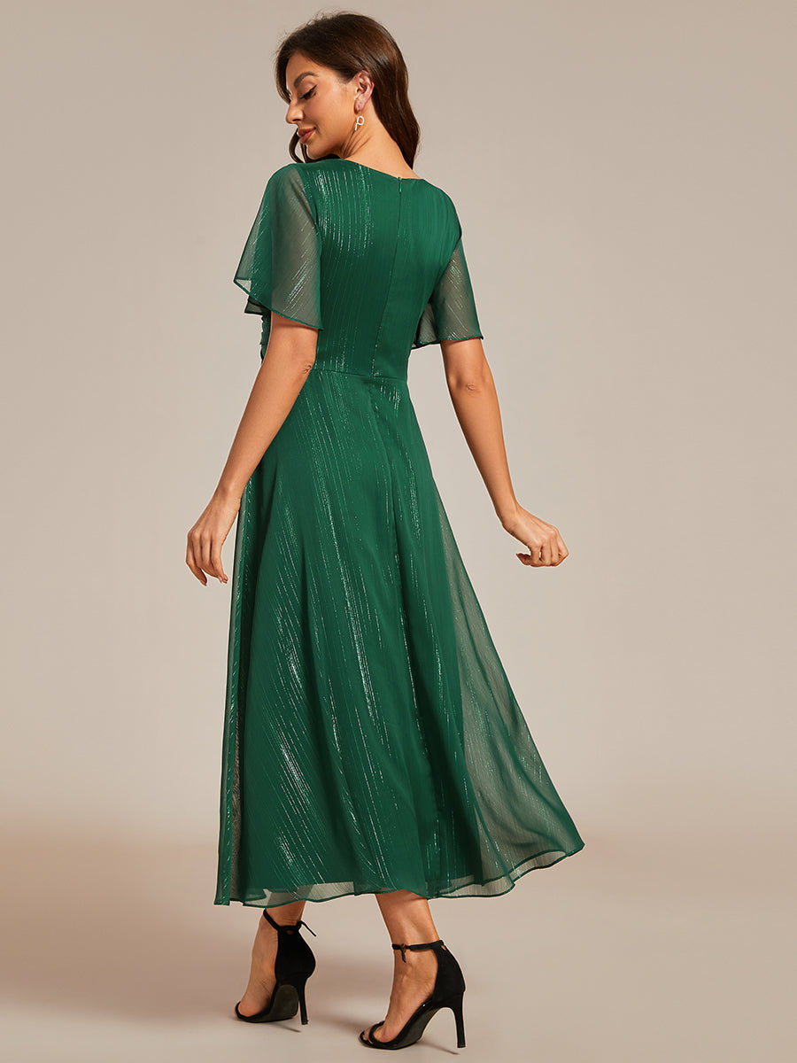 Color=Dark Green | Shimmer V Neck Tea Length Wedding Guest Dress With Short Sleeves-Dark Green