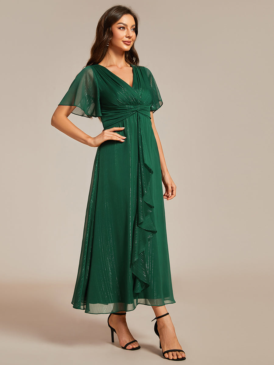 Color=Dark Green | Shimmer V Neck Tea Length Wedding Guest Dress With Short Sleeves-Dark Green