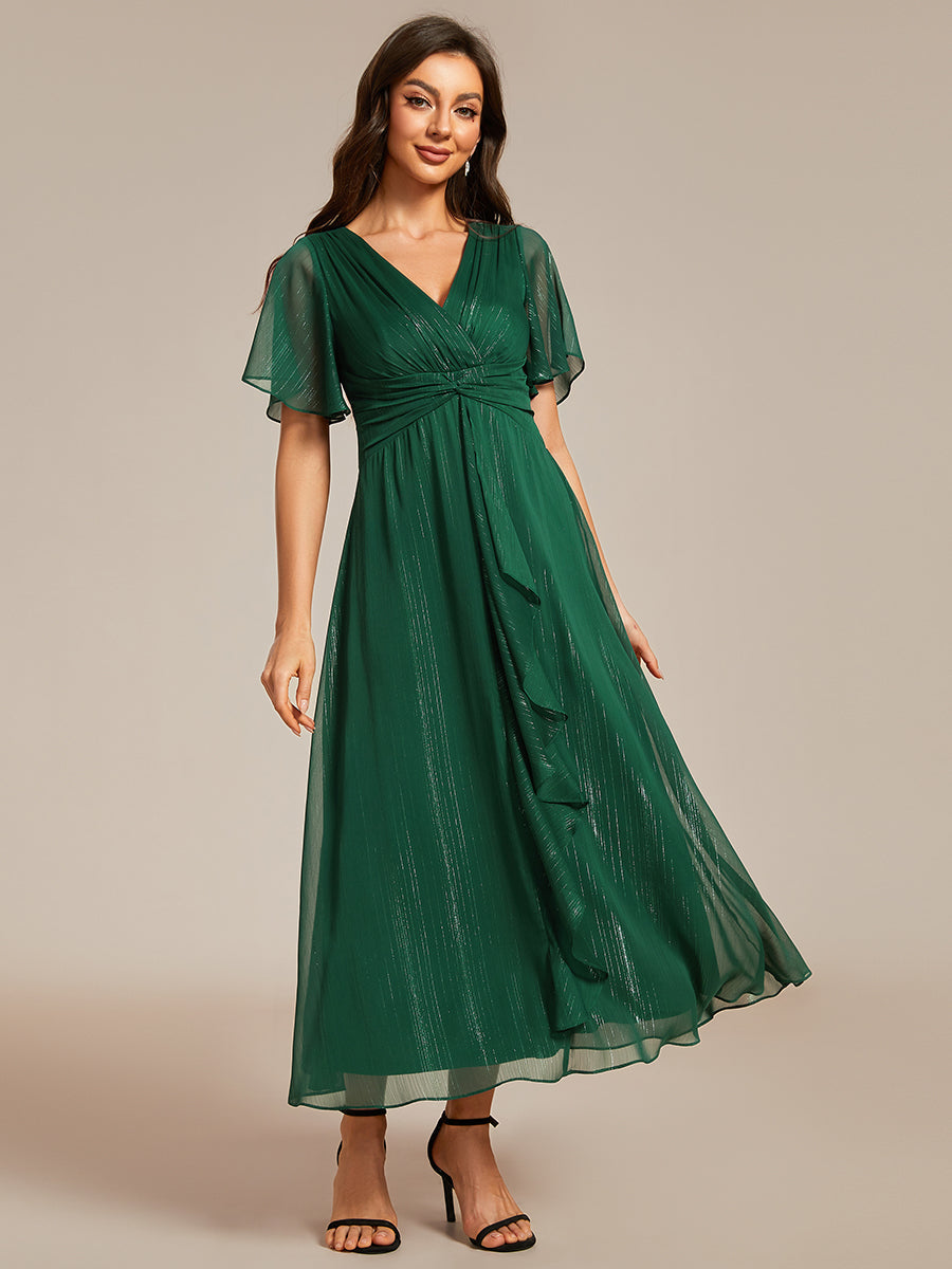 Color=Dark Green | Shimmer V Neck Tea Length Wedding Guest Dress With Short Sleeves-Dark Green
