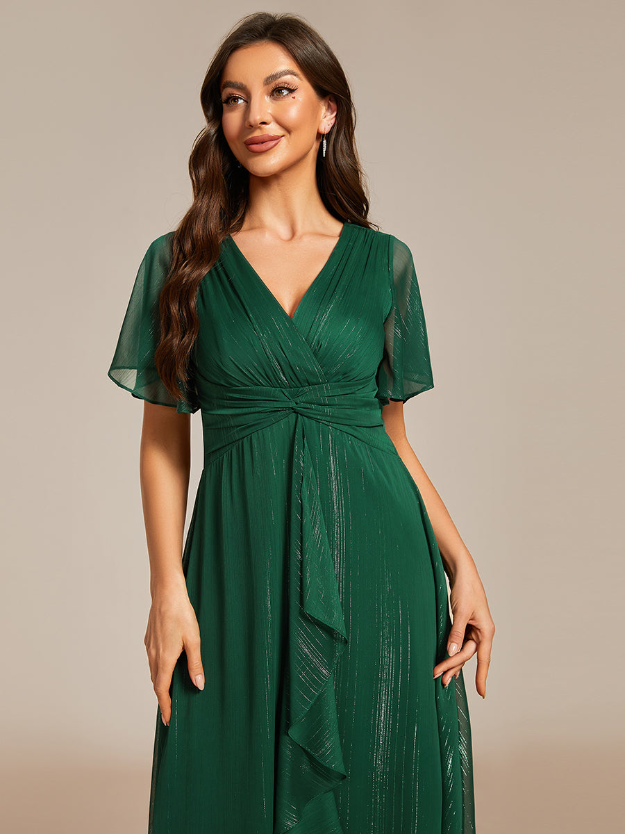 Color=Dark Green | Shimmer V Neck Tea Length Wedding Guest Dress With Short Sleeves-Dark Green