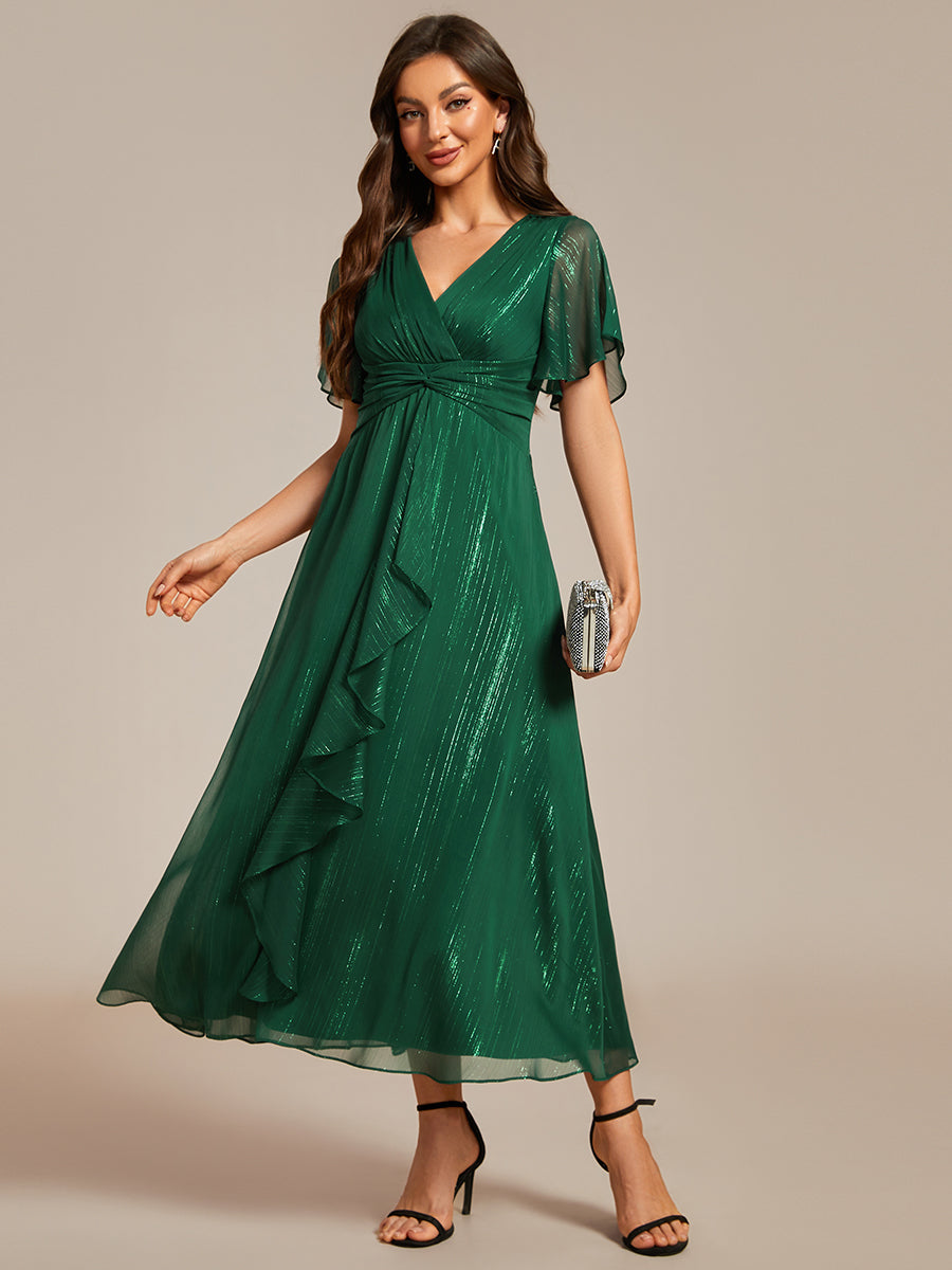 Color=Dark Green | Shimmer V Neck Tea Length Wedding Guest Dress With Short Sleeves-Dark Green