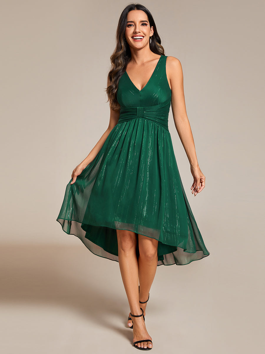 Color=Dark Green | Glittery Spaghetti Straps Knee Length Bowknot Bridesmaid Dress-Dark Green