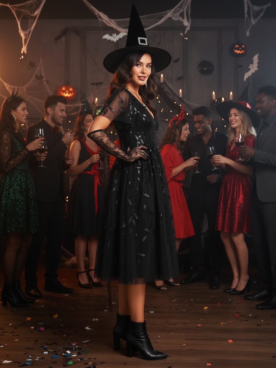 Color=BK | Exquisite Midi Length Ruffles Sleeve Tulle Sequin Dresses with Embroidery