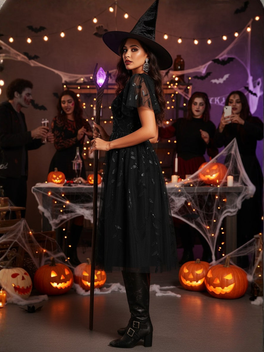 Color=BK | Exquisite Midi Length Ruffles Sleeve Tulle Sequin Dresses with Embroidery