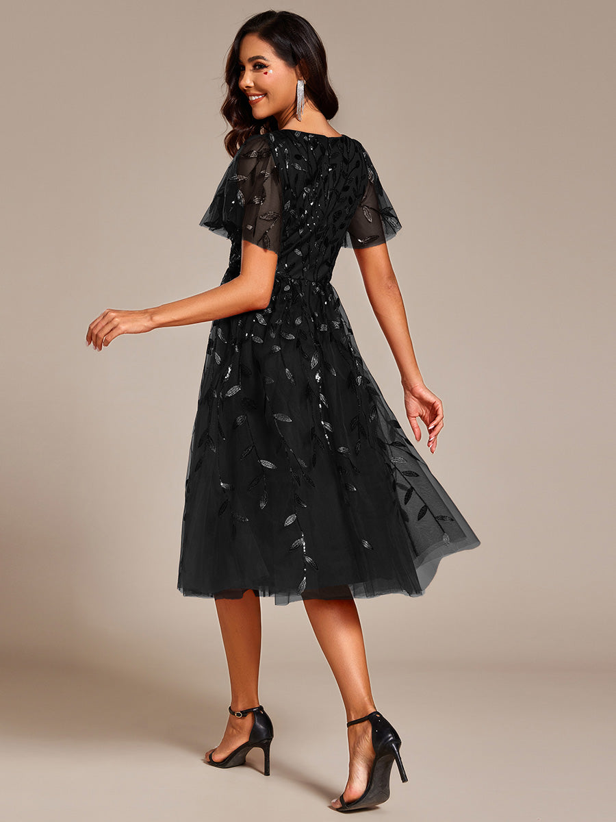 Color=BK | Exquisite Midi Length Ruffles Sleeve Tulle Sequin Dresses with Embroidery