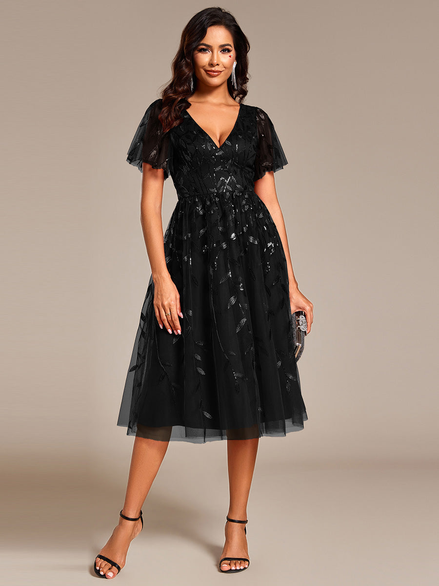 Color=BK | Exquisite Midi Length Ruffles Sleeve Tulle Sequin Dresses with Embroidery