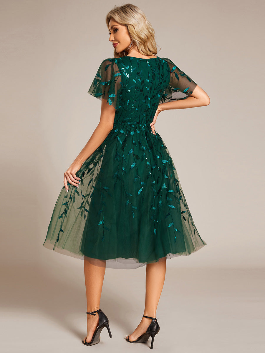 Color=DG | Exquisite Midi Length Ruffles Sleeve Tulle Sequin Dresses with Embroidery