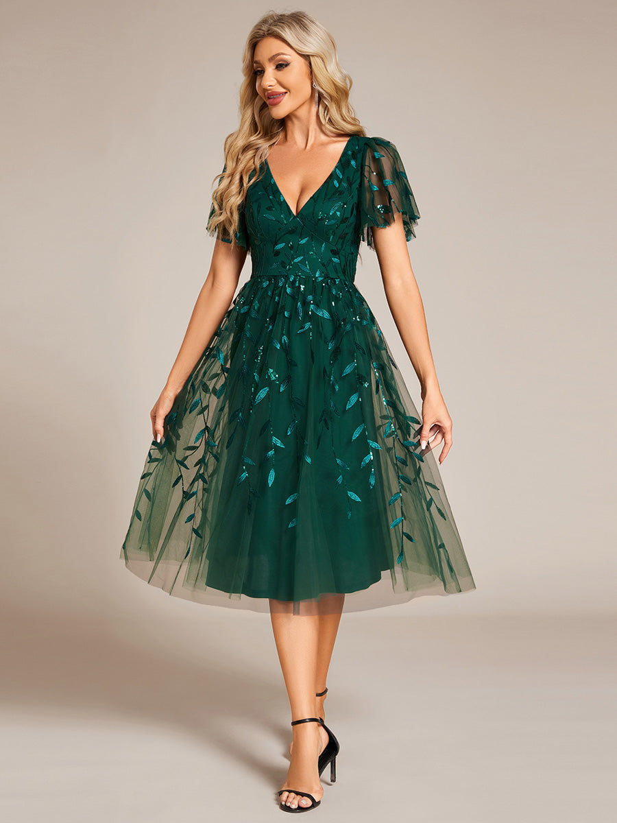 Color=DG | Exquisite Midi Length Ruffles Sleeve Tulle Sequin Dresses with Embroidery
