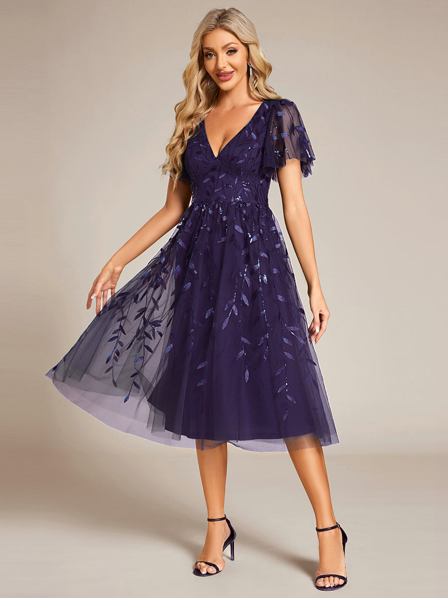 Color=DP | Exquisite Midi Length Ruffles Sleeve Tulle Sequin Dresses with Embroidery