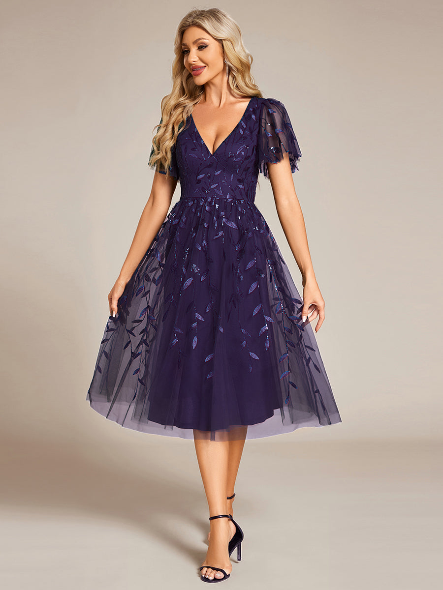 Color=DP | Exquisite Midi Length Ruffles Sleeve Tulle Sequin Dresses with Embroidery