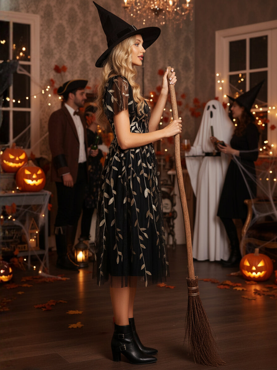 Color=KG | Exquisite Midi Length Ruffles Sleeve Tulle Sequin Dresses with Embroidery