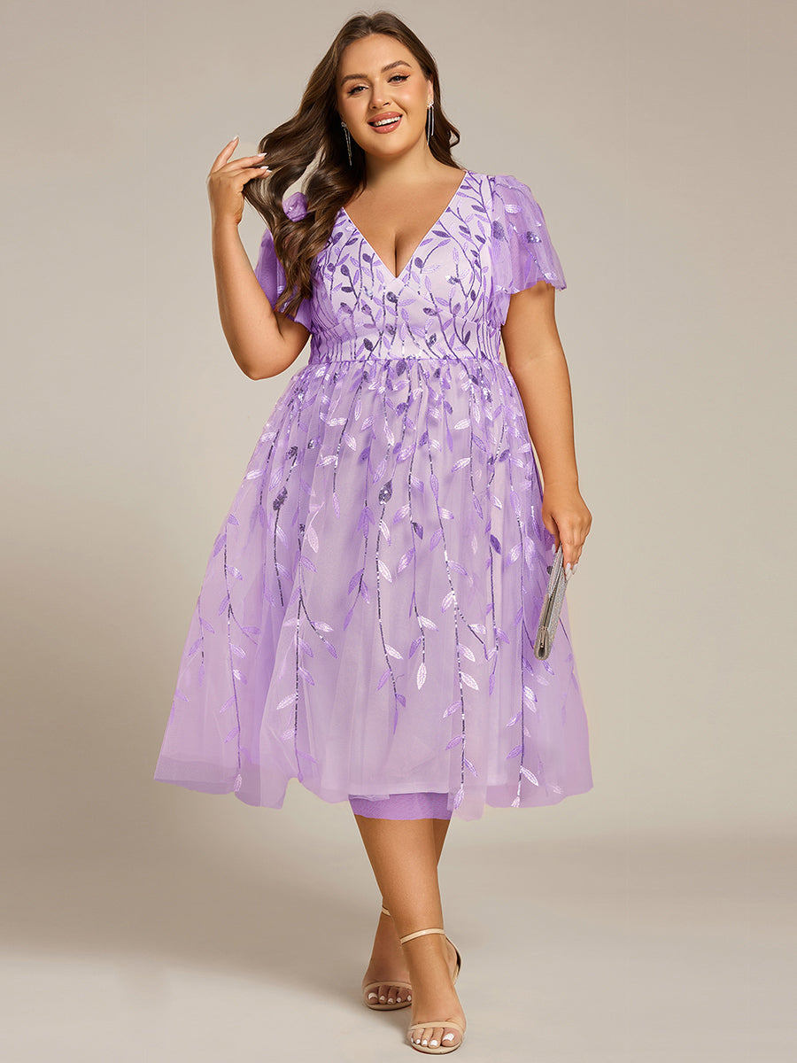Color=Lavender | B2B-Exclusive Short Sleeve Ruffle Floral Embroidery A-Line Midi Wedding Guest Dresses-Lavender 6