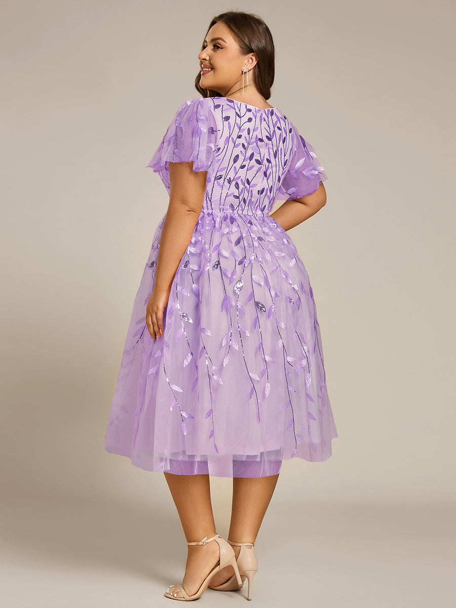 Color=Lavender | B2B-Exclusive Short Sleeve Ruffle Floral Embroidery A-Line Midi Wedding Guest Dresses-Lavender 7