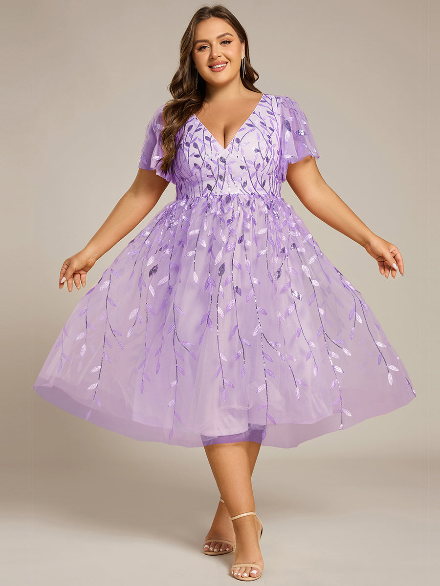 Color=Lavender | B2B-Exclusive Short Sleeve Ruffle Floral Embroidery A-Line Midi Wedding Guest Dresses-Lavender 9