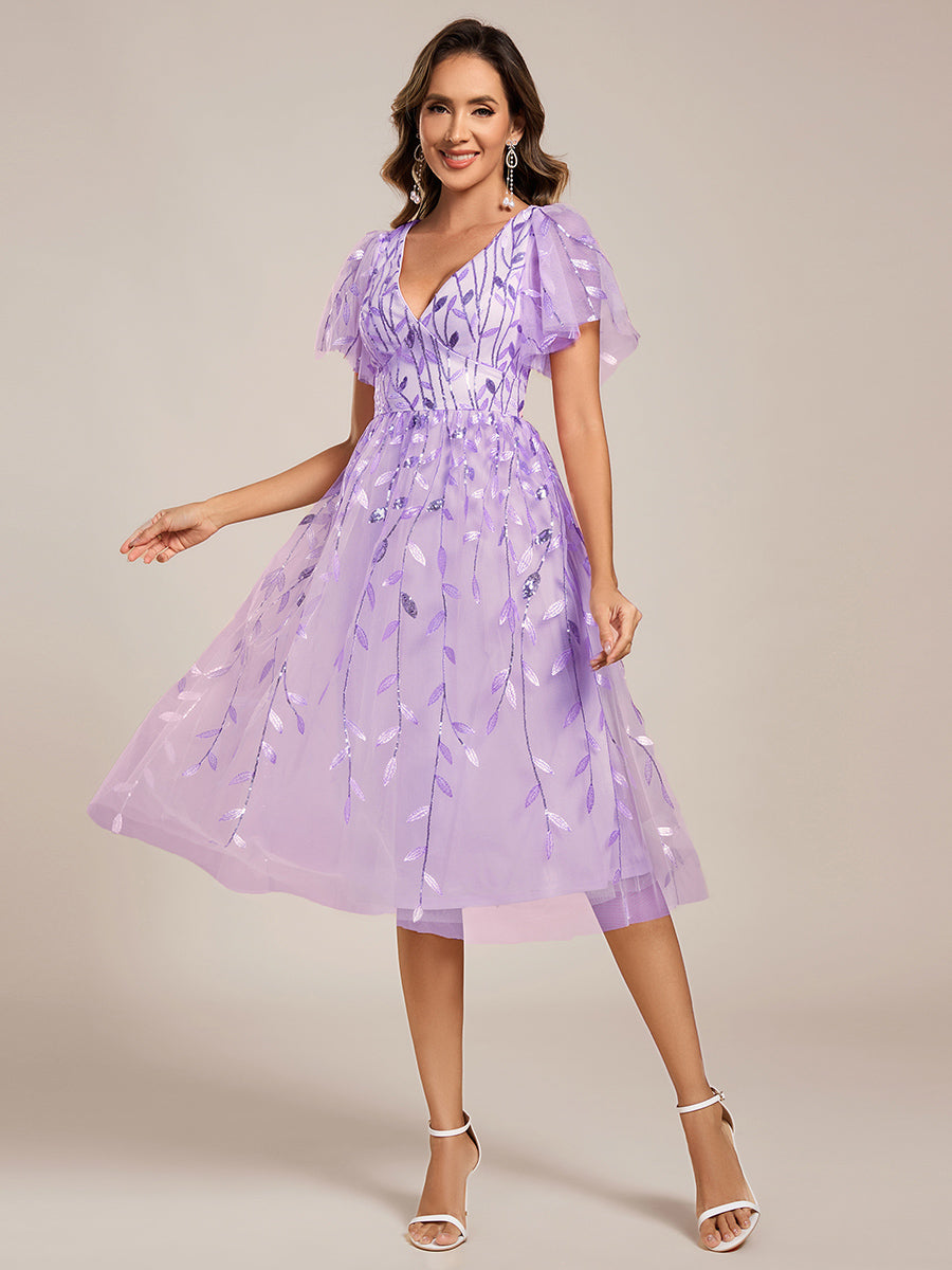 Color=Lavender | B2B-Exclusive Short Sleeve Ruffle Floral Embroidery A-Line Midi Wedding Guest Dresses-Lavender 1