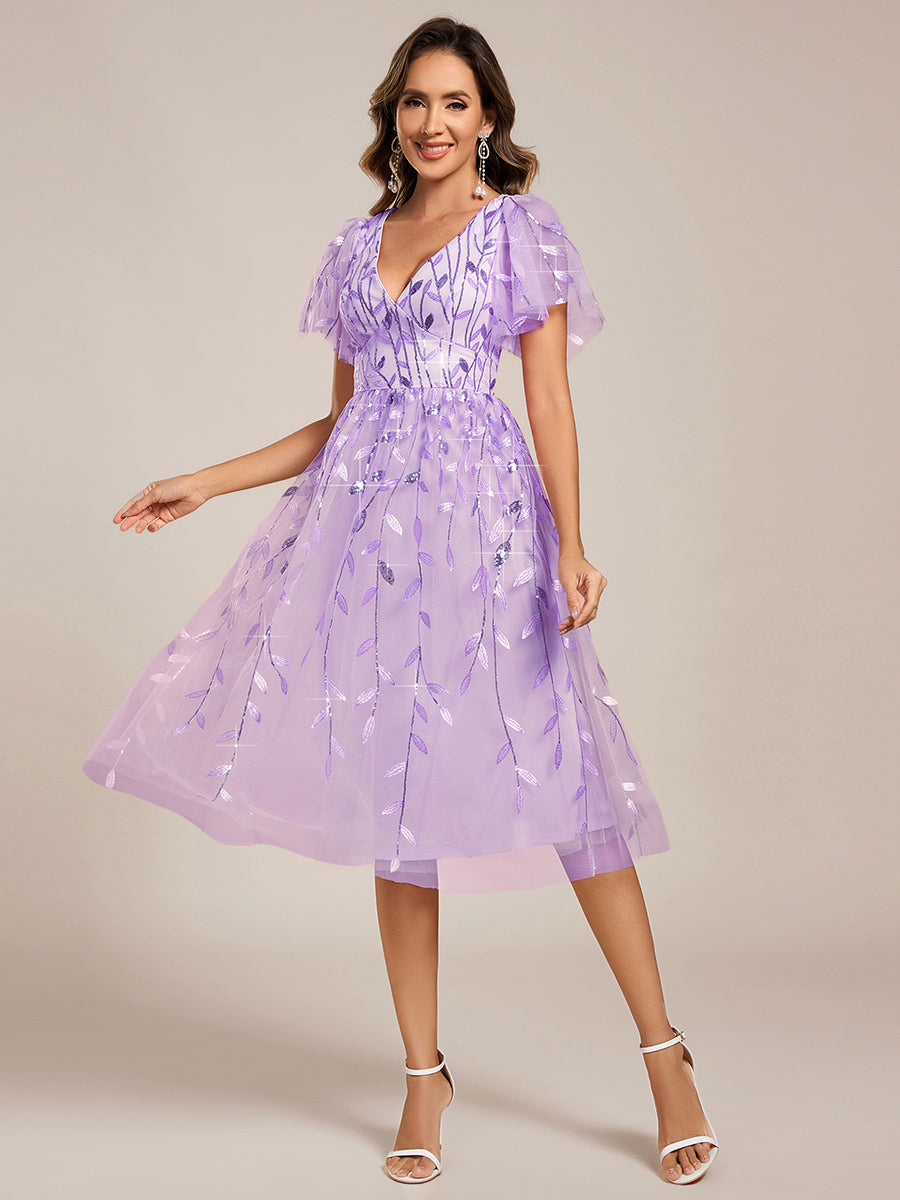 Color=LV | Exquisite Midi Length Ruffles Sleeve Tulle Sequin Dresses with Embroidery