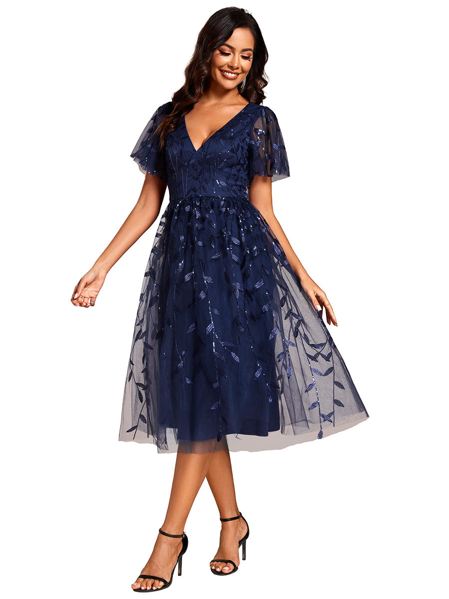 Color=NB | Exquisite Midi Length Ruffles Sleeve Tulle Sequin Dresses with Embroidery