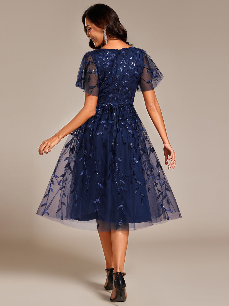 Color=NB | Exquisite Midi Length Ruffles Sleeve Tulle Sequin Dresses with Embroidery