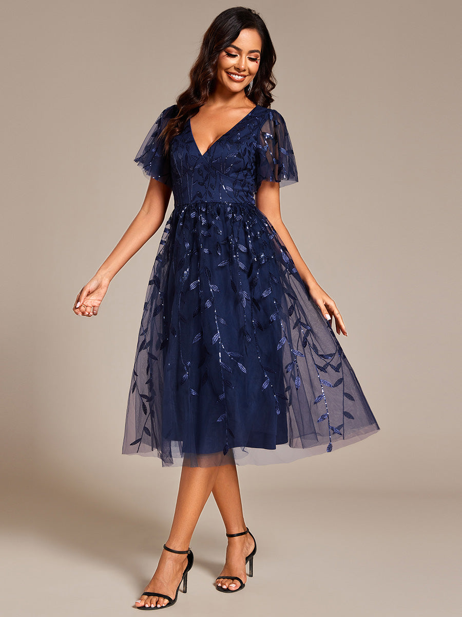 Color=NB | Exquisite Midi Length Ruffles Sleeve Tulle Sequin Dresses with Embroidery