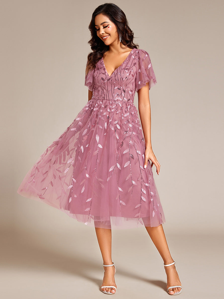 Color=OD | Exquisite Midi Length Ruffles Sleeve Tulle Sequin Dresses with Embroidery