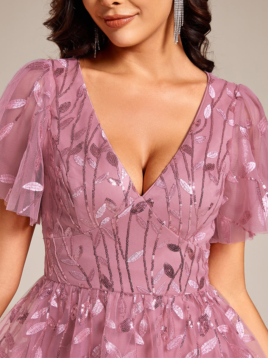 Color=OD | Exquisite Midi Length Ruffles Sleeve Tulle Sequin Dresses with Embroidery
