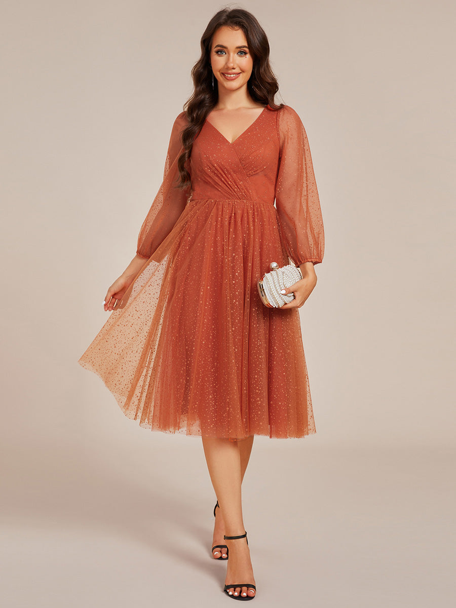 Color=Burnt Orange | Exquisite See-Through Lantern Long Sleeve Midi Length Sequin Tulle Wedding Guest Dresses-Burnt Orange 9