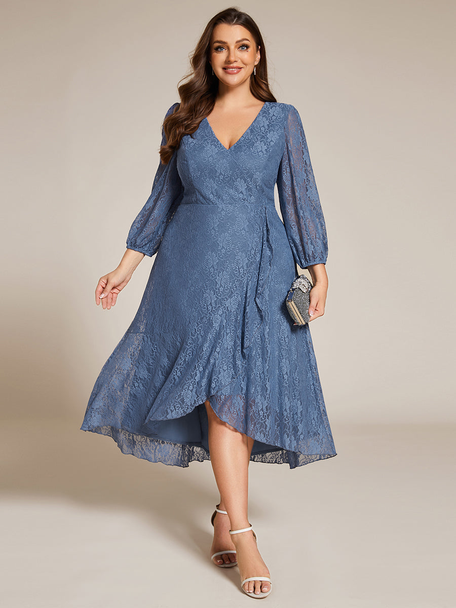 Color=Dusty Blue | Plus Size Exquisite Long Lantern Sleeves Regular Fold Stream Lotus Leaf Hem Wedding Guest Dresses with Jacquard Decoration-Dusty Blue 6