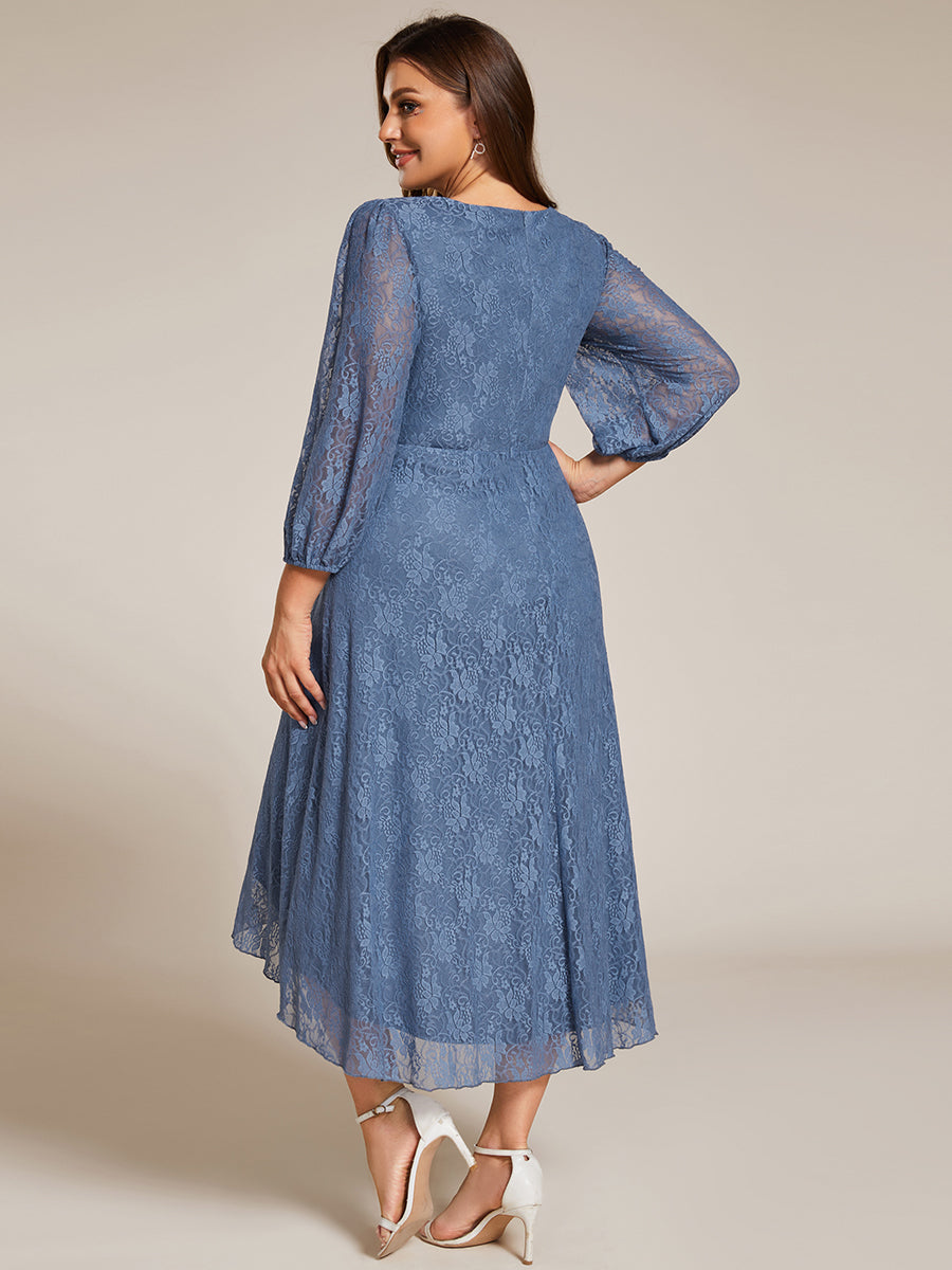 Color=Dusty Blue | Plus Size Exquisite Long Lantern Sleeves Regular Fold Stream Lotus Leaf Hem Wedding Guest Dresses with Jacquard Decoration-Dusty Blue 7