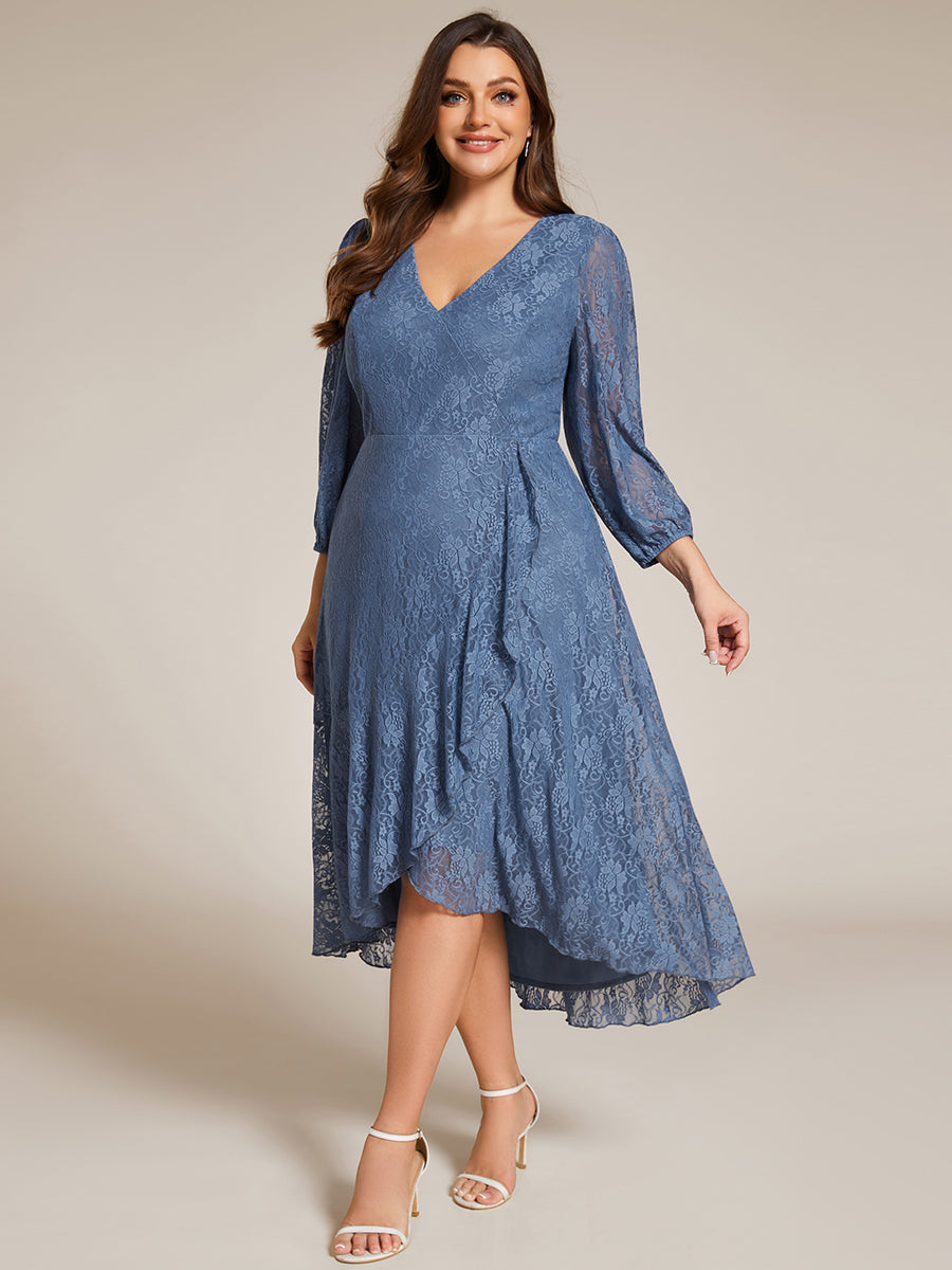 Color=Dusty Blue | Plus Size Exquisite Long Lantern Sleeves Regular Fold Stream Lotus Leaf Hem Wedding Guest Dresses with Jacquard Decoration-Dusty Blue 8