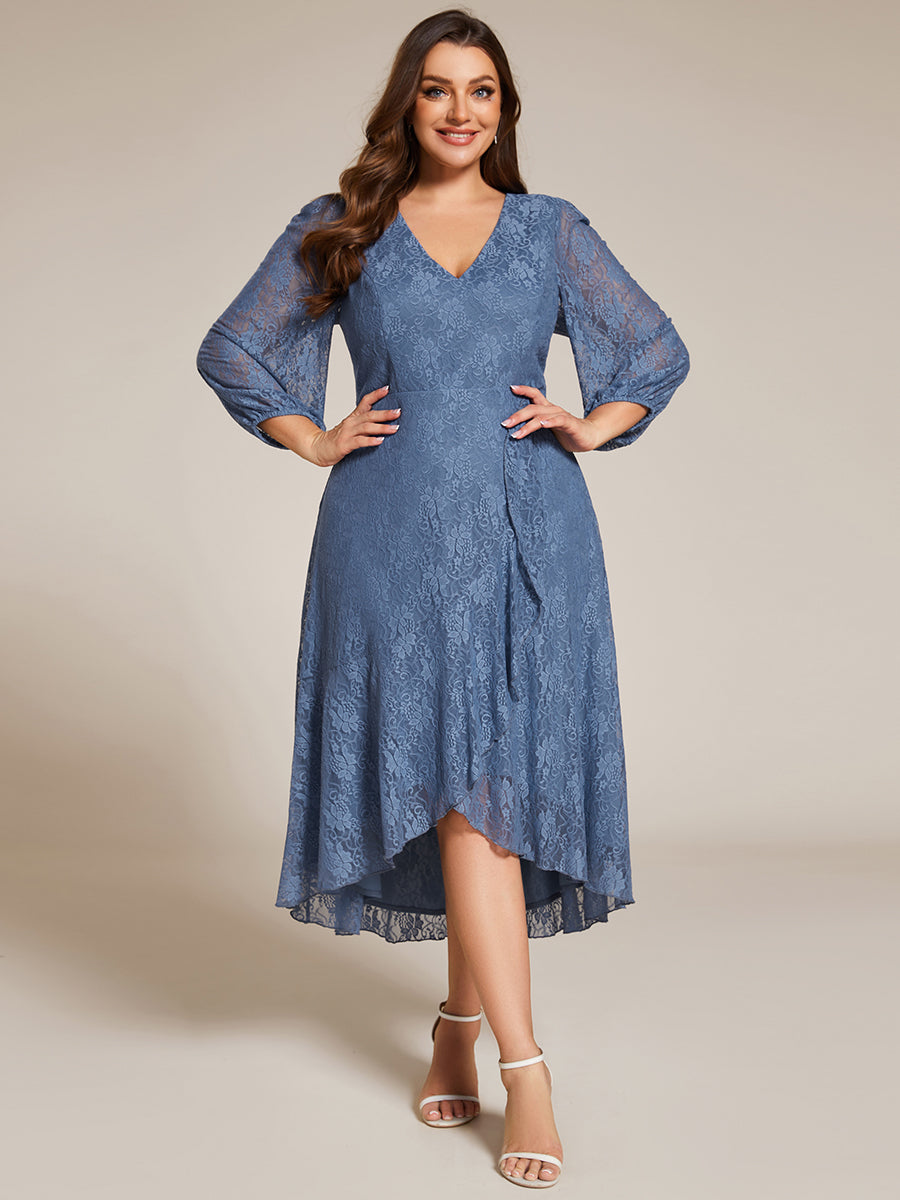 Color=Dusty Blue | Plus Size Exquisite Long Lantern Sleeves Regular Fold Stream Lotus Leaf Hem Wedding Guest Dresses with Jacquard Decoration-Dusty Blue 9