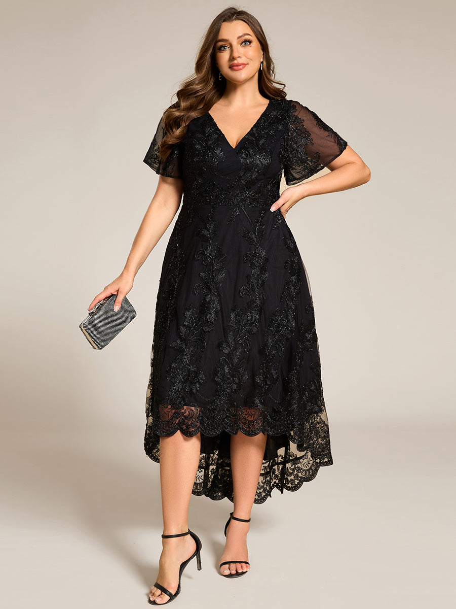 Plus Size Exquisite Embroidery Decoration Short See-through Ruffles Sl Plus Size Exquisite Embroidery Decoration Short See-through Ruffles Sl
