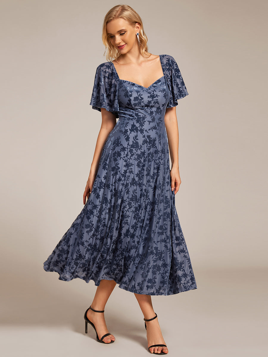 Color=Dusty Blue | Exquisite Square Neckline Tea length Wedding Guest Dresses with Jacquard Decoration-Dusty Blue 11