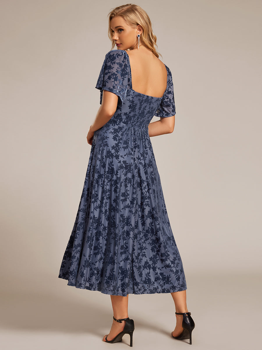 Color=Dusty Blue | Exquisite Square Neckline Tea length Wedding Guest Dresses with Jacquard Decoration-Dusty Blue 12