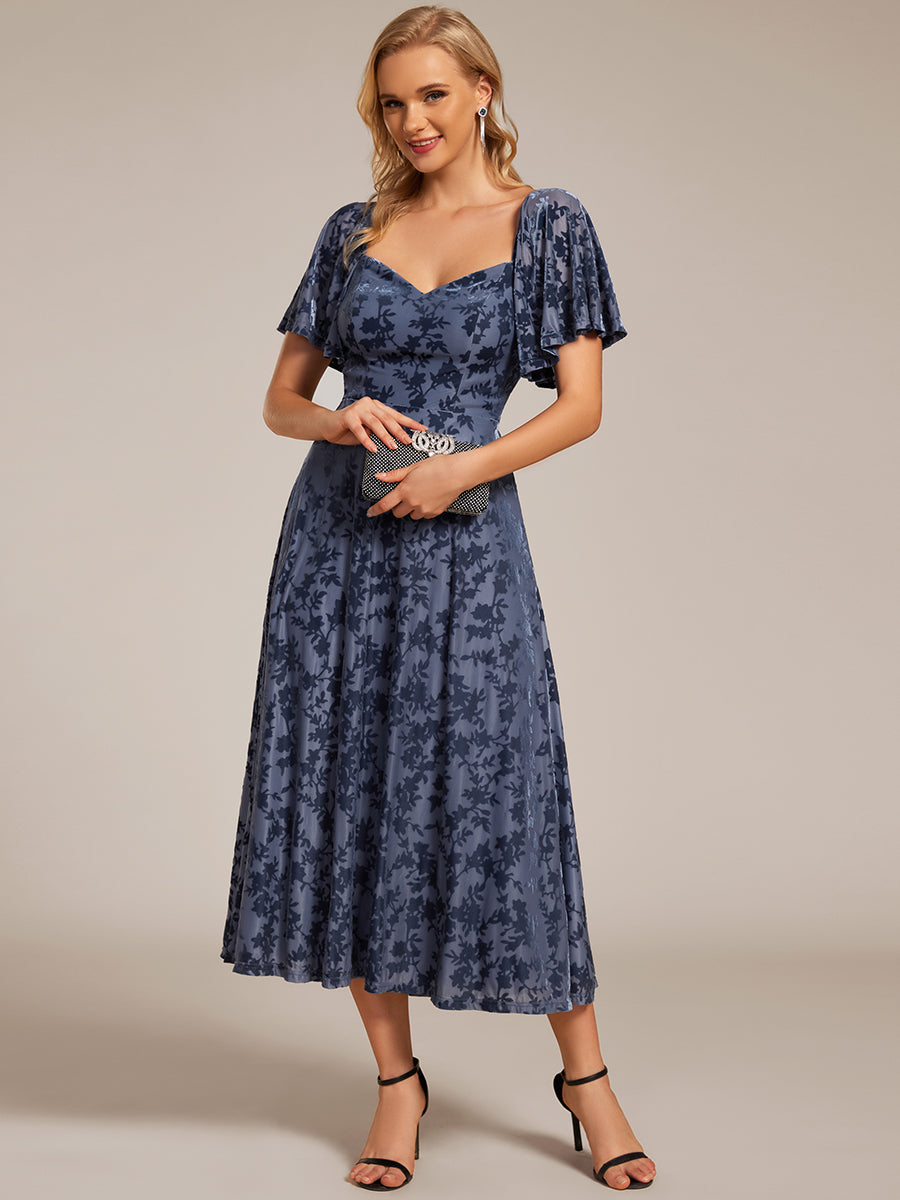 Color=Dusty Blue | Exquisite Square Neckline Tea length Wedding Guest Dresses with Jacquard Decoration-Dusty Blue 13