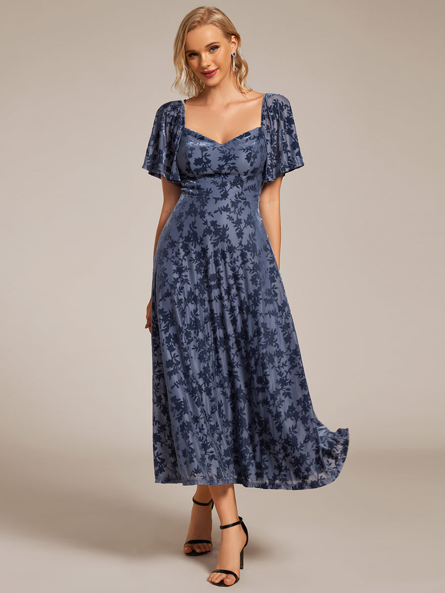 Color=Dusty Blue | Exquisite Square Neckline Tea length Wedding Guest Dresses with Jacquard Decoration-Dusty Blue 14