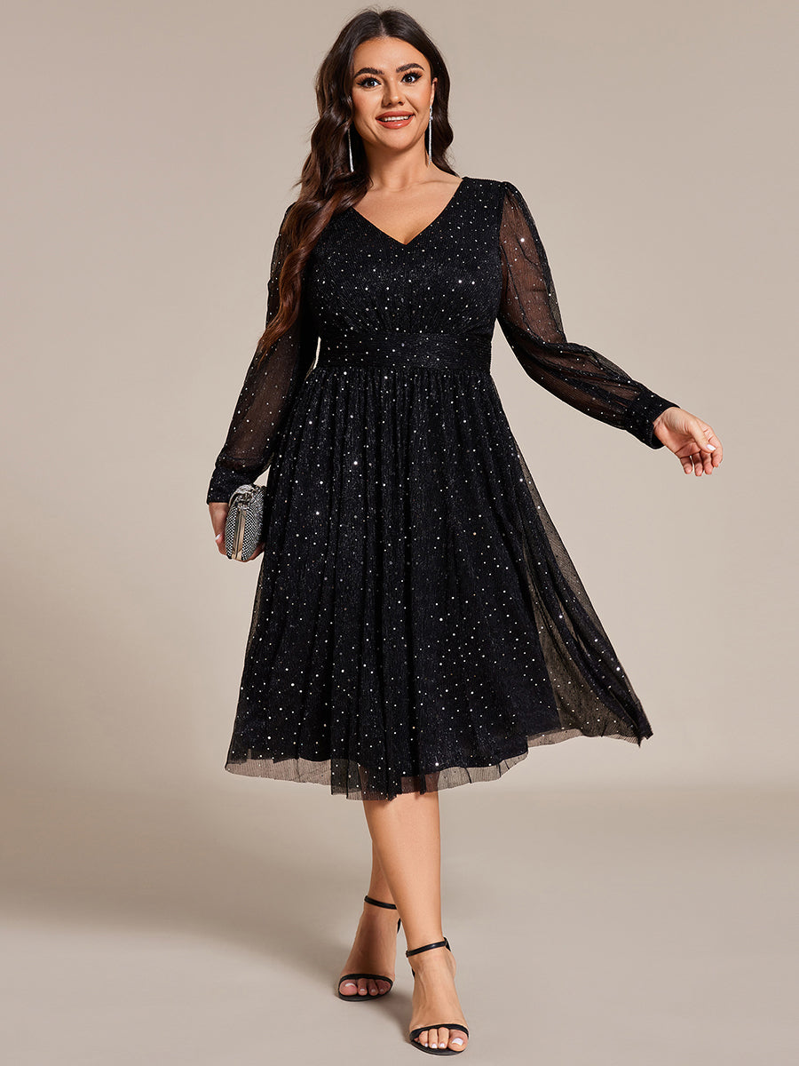 Color=Black | Plus Size Elegant Long Lantern Sleeve Midi Length Sequin Tulle Dresses with Shimmer Decoration-Black 1