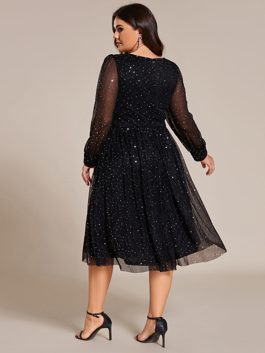 Color=Black | Plus Size Elegant Long Lantern Sleeve Midi Length Sequin Tulle Dresses with Shimmer Decoration-Black 2