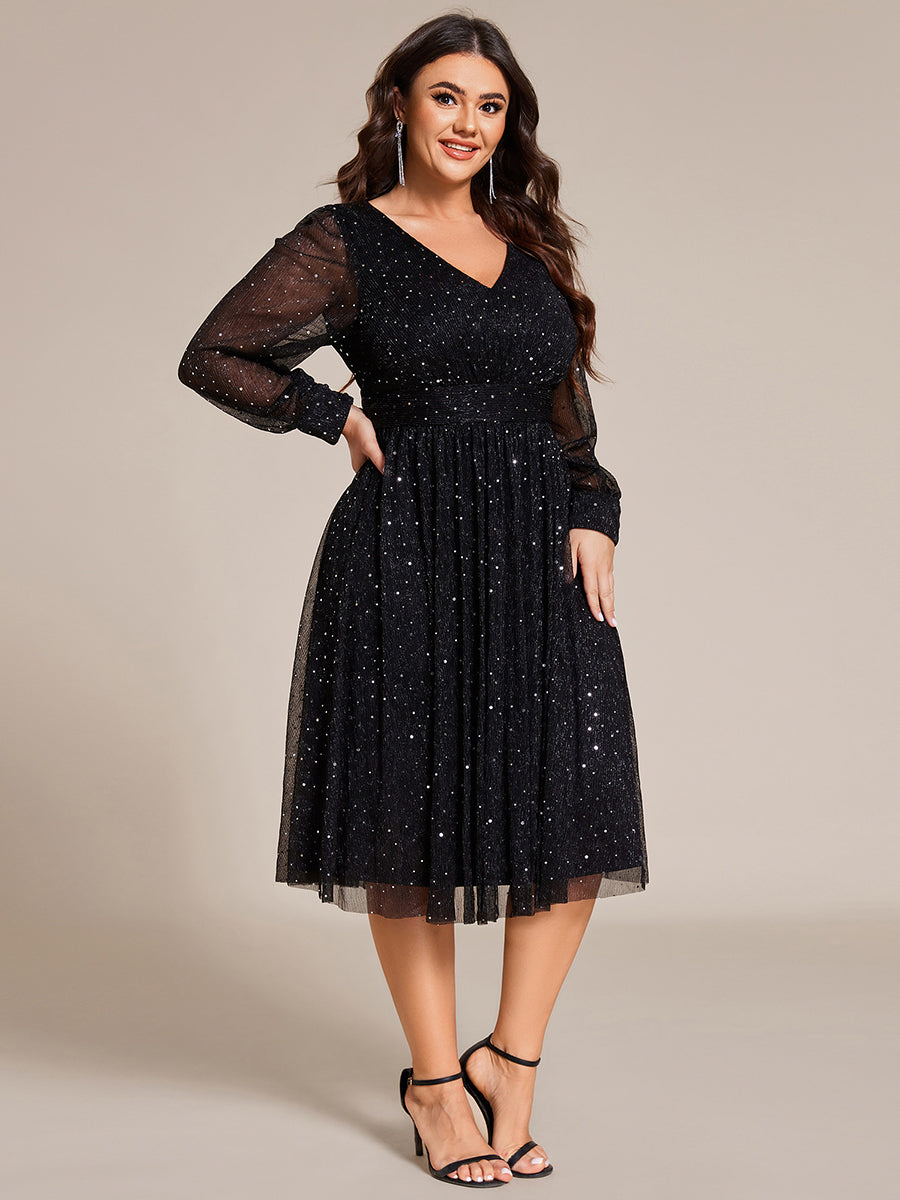 Color=Black | Plus Size Elegant Long Lantern Sleeve Midi Length Sequin Tulle Dresses with Shimmer Decoration-Black 4