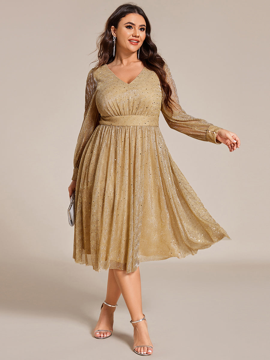 Color=Gold | Plus Size Elegant Long Lantern Sleeve Midi Length Sequin Tulle Dresses with Shimmer Decoration-Gold 6