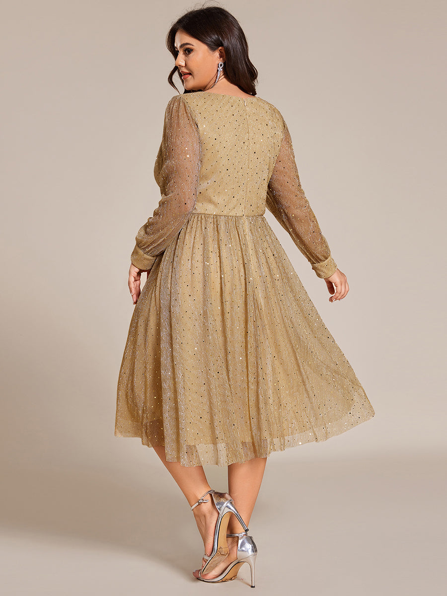 Color=Gold | Plus Size Elegant Long Lantern Sleeve Midi Length Sequin Tulle Dresses with Shimmer Decoration-Gold 7